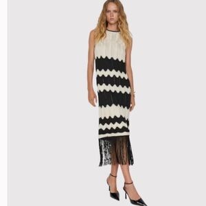 Mango Black and Cream Fringe Midi Dress